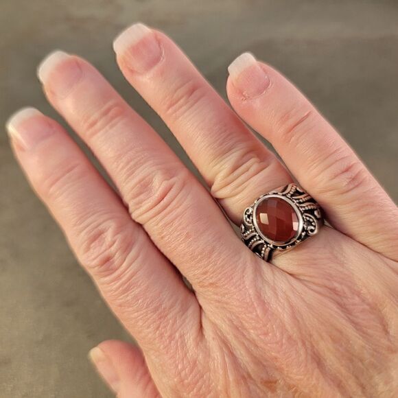 Red Oval Faceted Carnelian Octopus Tentacles Artisan Sterling Ring - Picture 7 of 10